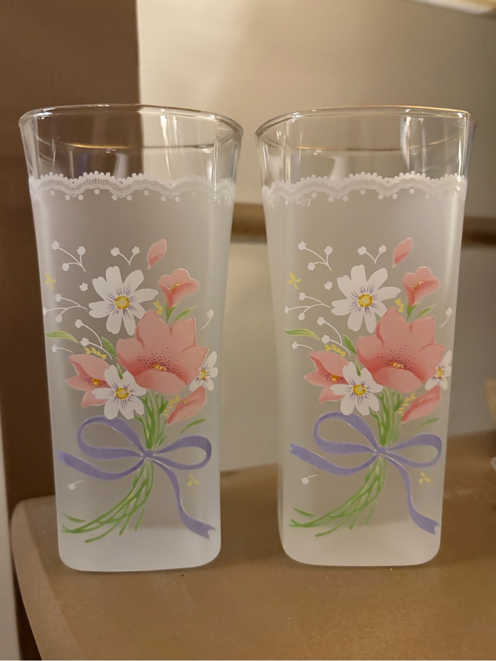5” Set of 2 Vintage Belle Fleur Frosted Tumblers with lavender Ribbon, Gold Rim